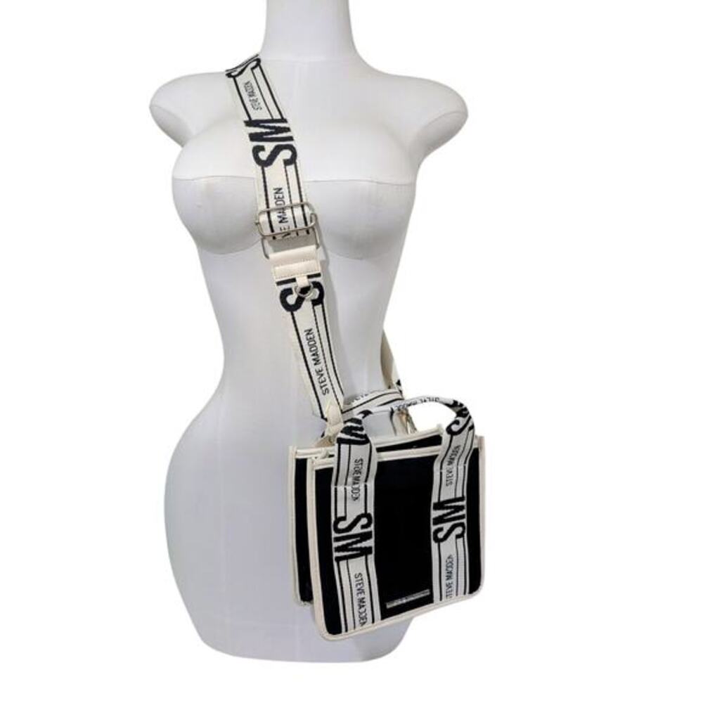 Steve Madden Bwebber‎ Black Cream Canvas Logo Crossbody Tote